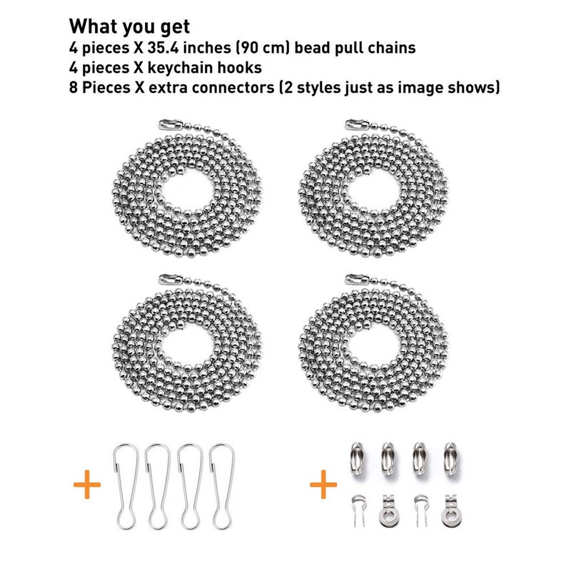 Wayilea Ceiling Fan Pull Extension Chain set, Light Chain Extender Stainless Steel Silver 3.2mm Beaded Ball, Fan cord Pull string Replacement (Four 35.4 Inch Chains, 8 connectors & 4 hooks) - Image 2
